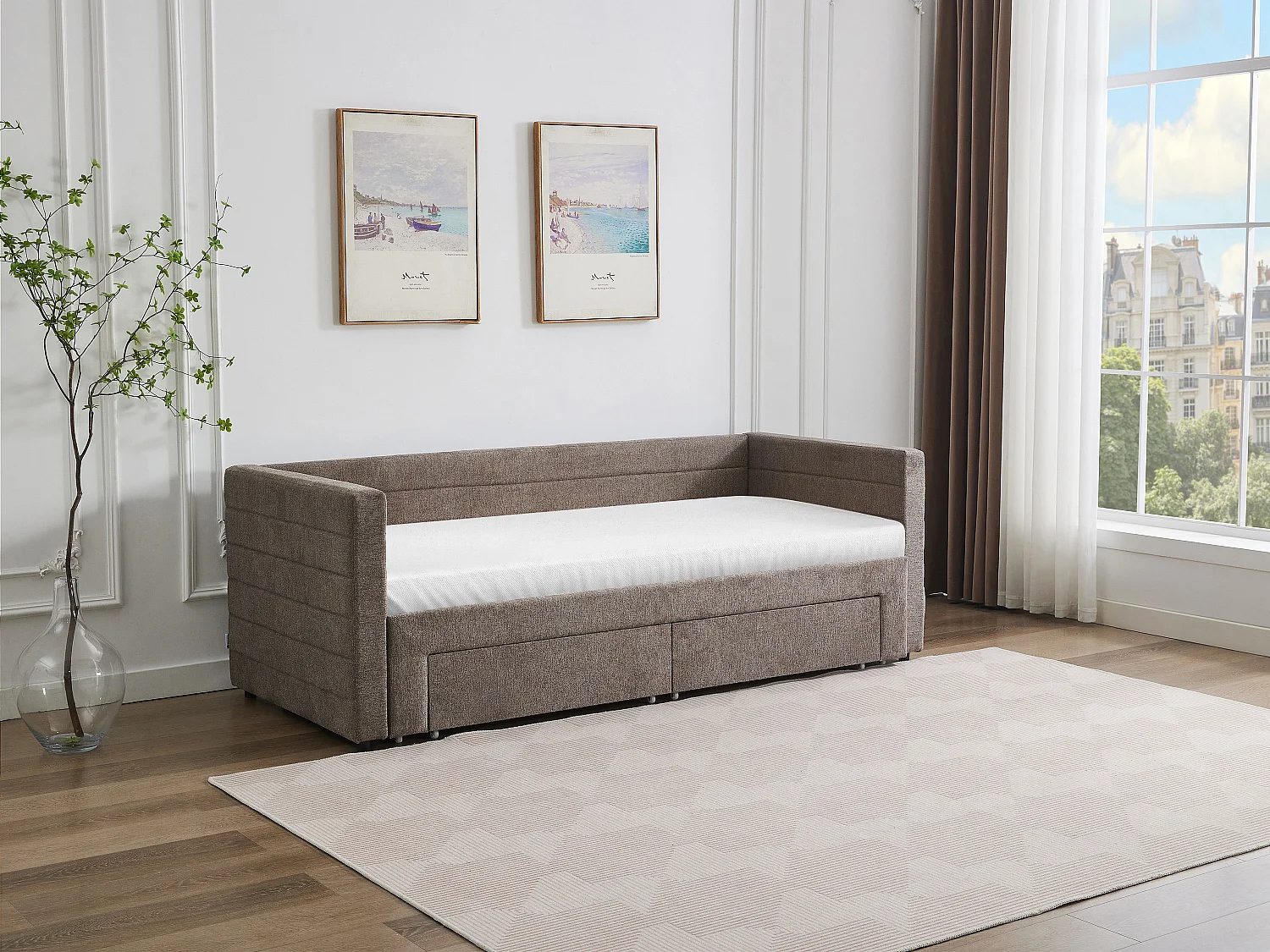 Ausziehbett - 2 x 80 x 200 cm - Mit ausziehbarem Lattenrost & Schubladen - Strukturstoff - Taupe - CAMITY