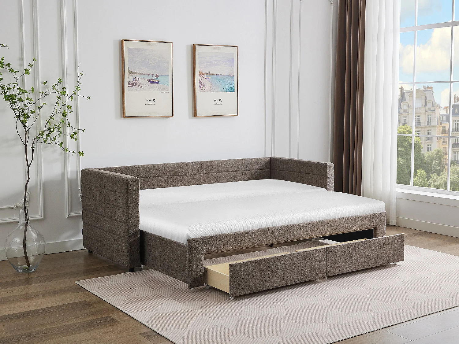 Udtrækseng 2 x 80 x 200 cm - Med ribbe-lamelbund og skuffer - Tekstureret stof - Taupe - CAMITY