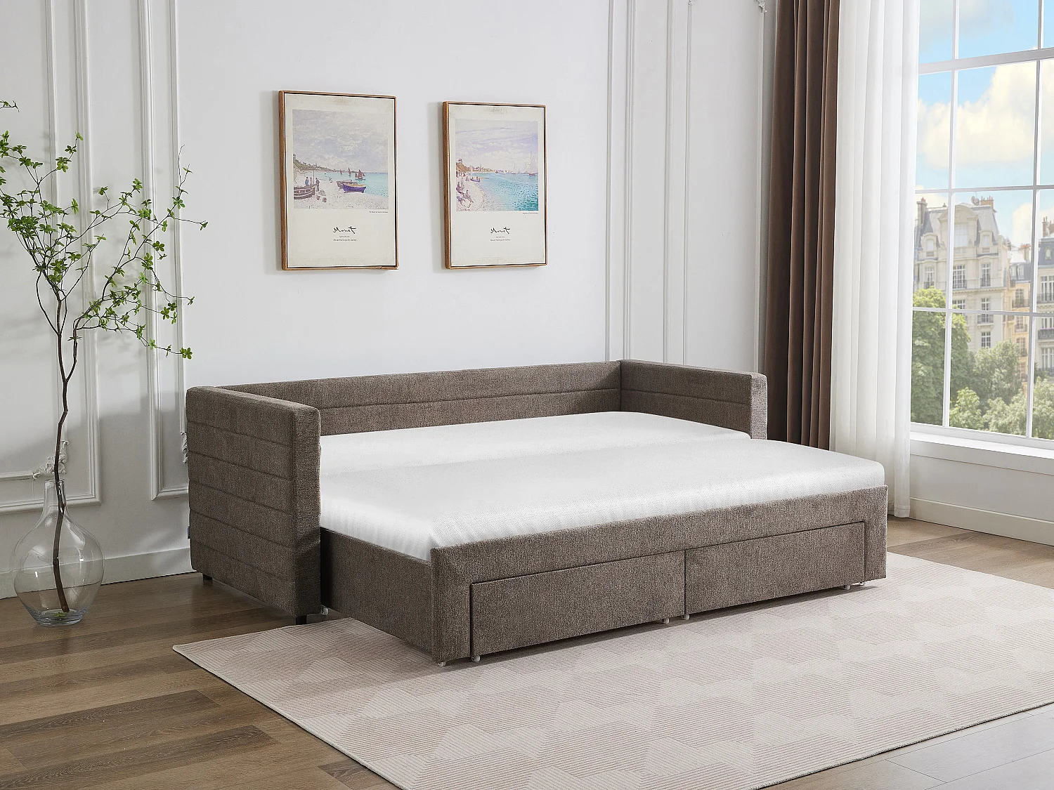 Lit gigogne 2 x 80 x 200 cm - Avec sommier peigne et tiroirs - Tissu texturé - Taupe - CAMITY