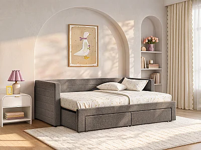 Ausziehbett 2 x 80 x 200 cm – Mit Lattenrost & Schubladen – Texturierter Stoff – Taupe – CAMITY