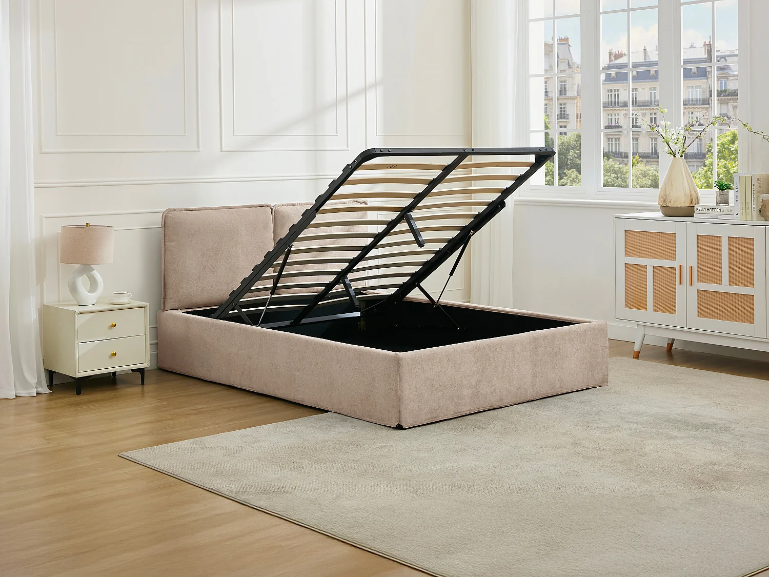 Lit coffre déhoussable 140 x 190 cm - Tissu - Beige - TENESE