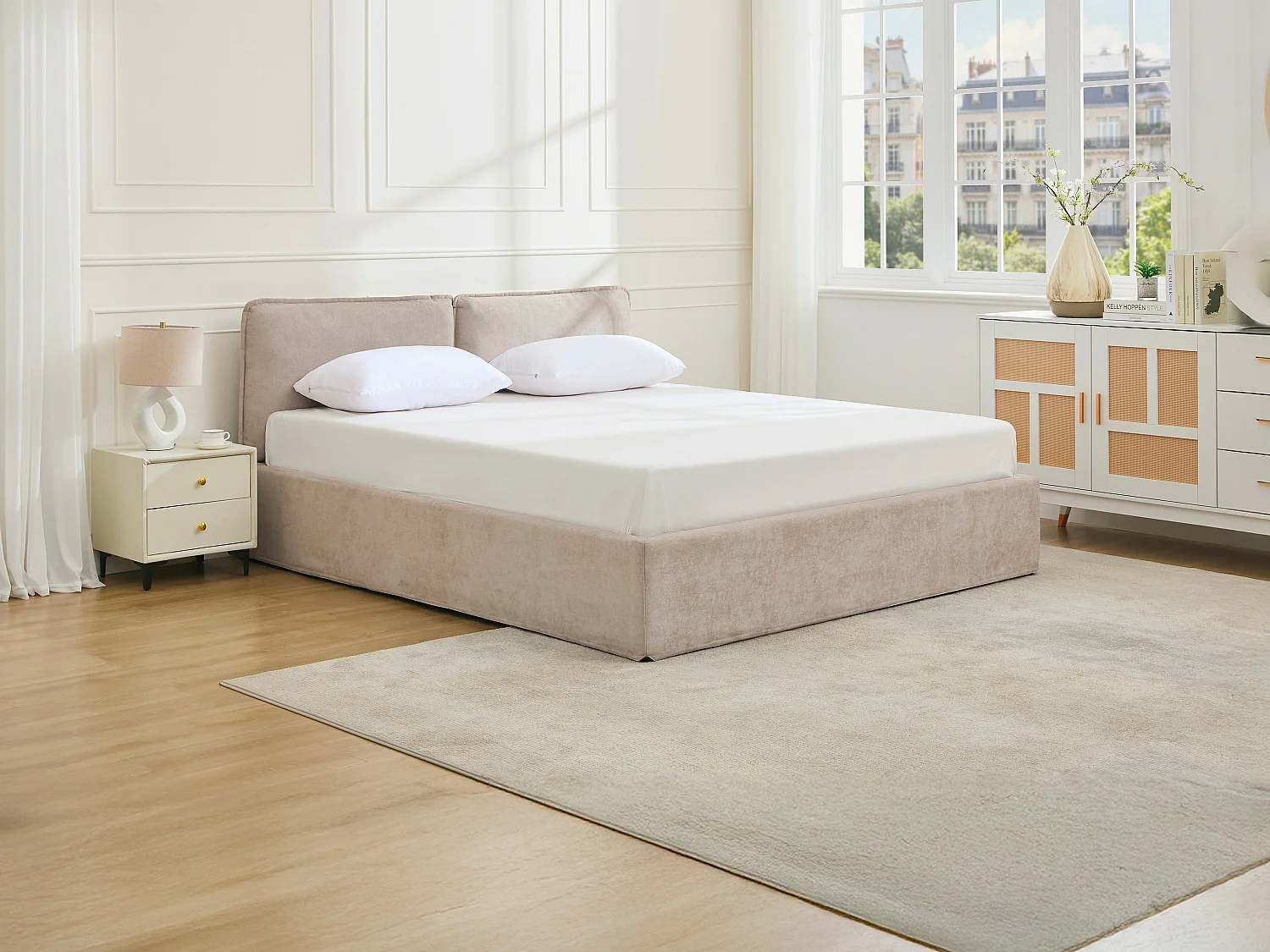 Lit coffre déhoussable 180 x 200 cm - Tissu - Beige - TENESE