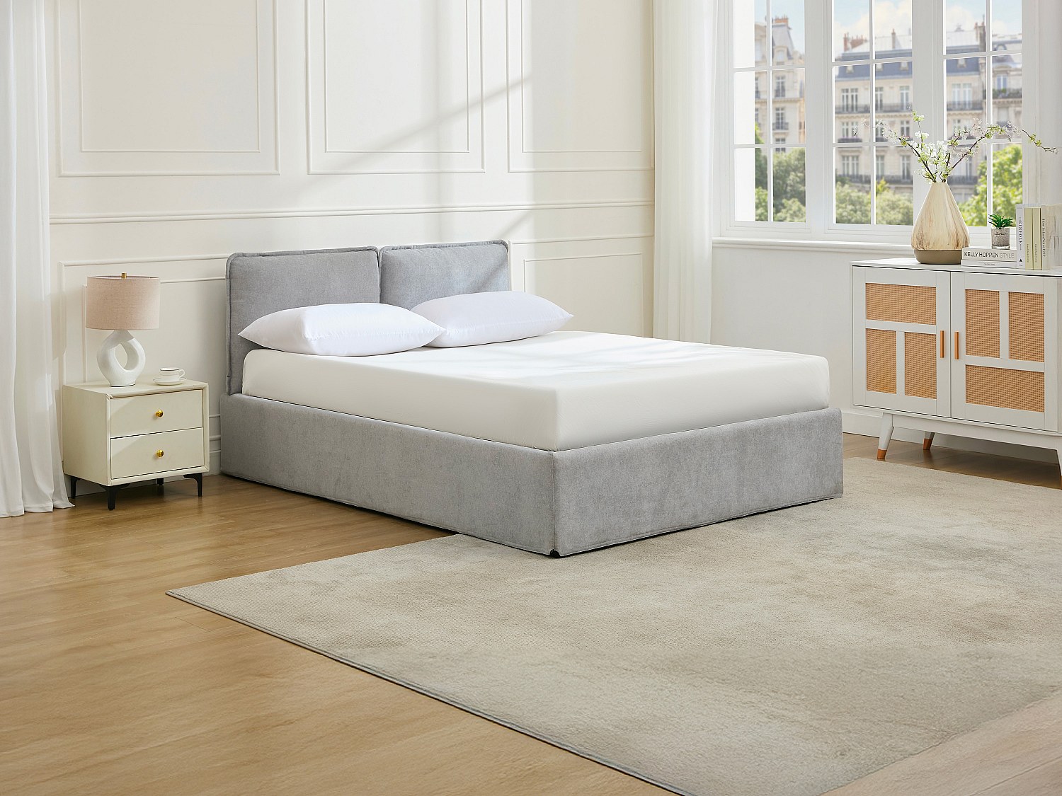 Bett mit Stauraum mit abnehmbarem Bezug – 140 x 190 cm – Stoff – Hellgrau – günstig online kaufen