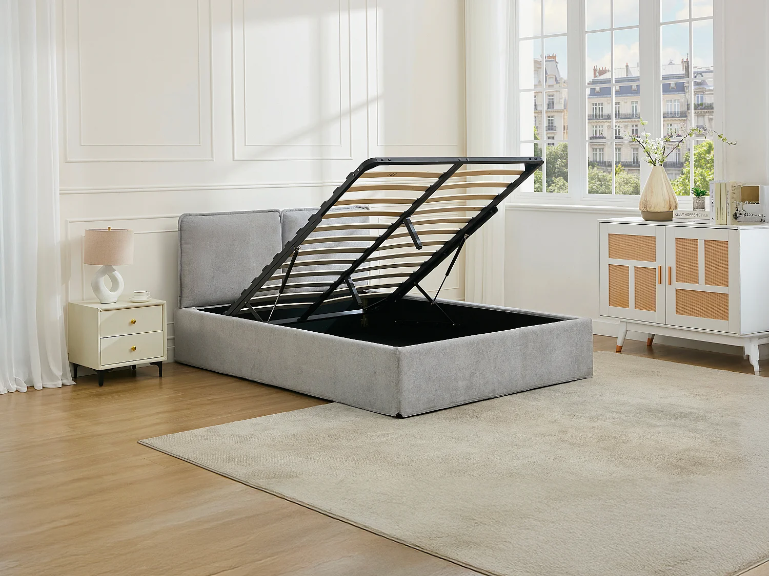 Bed met opbergruimte en afneembare hoes 160 x 200 cm - Stof - Lichtgrijs - TENESE