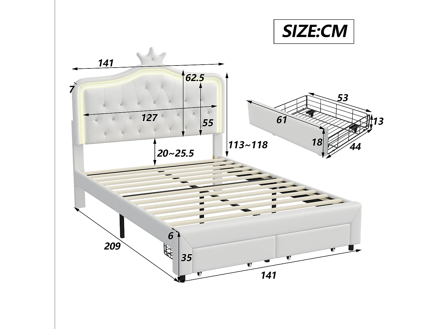 Cama tapizada 140 x 200 cm con 2 cajones y luces LED - motivo corona - somier - blanco
