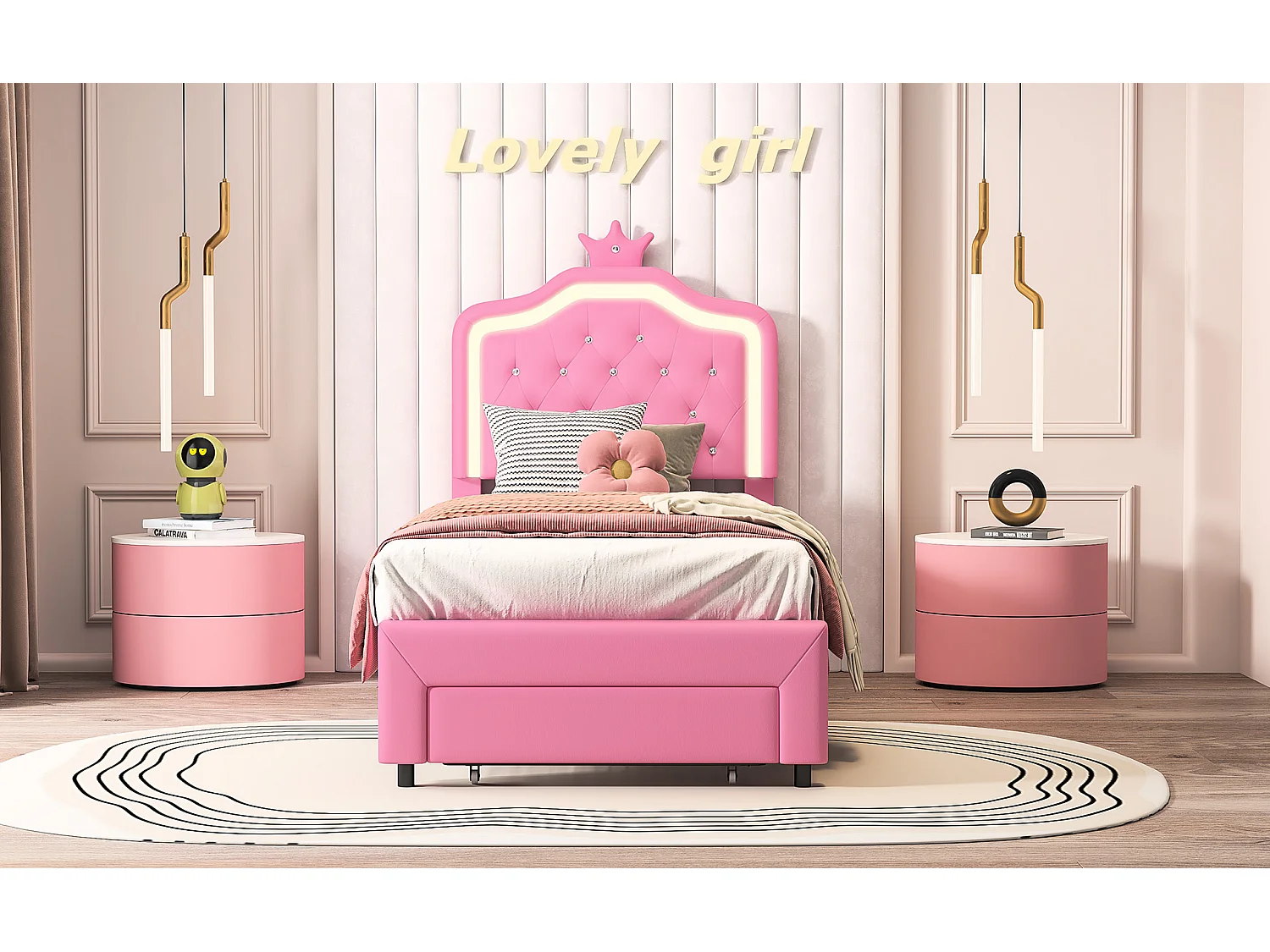 Polsterbett 90 x 200 cm mit 1 Schublade und LED-Leuchten – Kronenmotiv – Lattenrost – Rosa