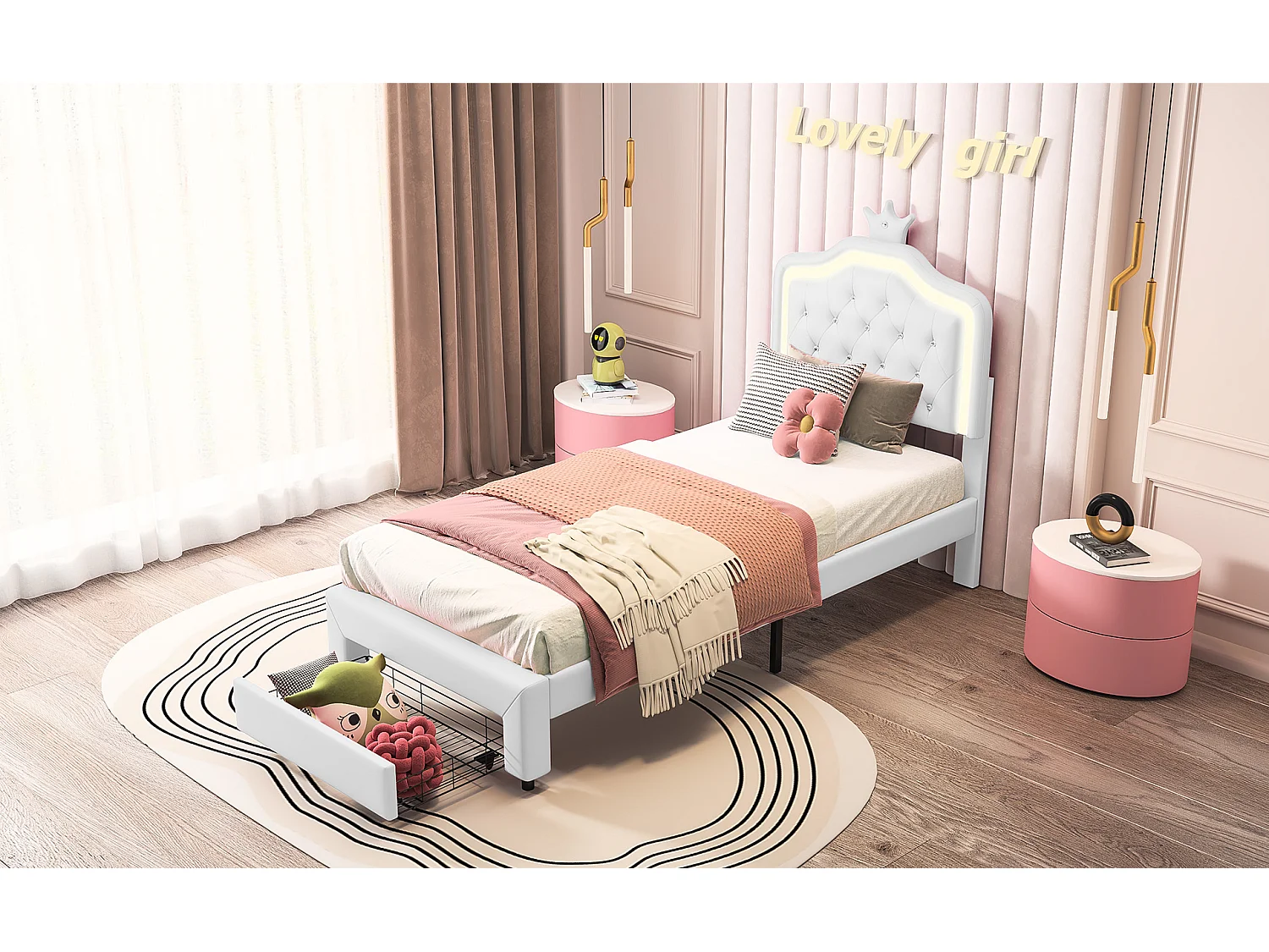 Polsterbett 90 x 200 cm mit 1 Schublade und LED-Leuchten – Kronenmotiv – Lattenrost – Weiß