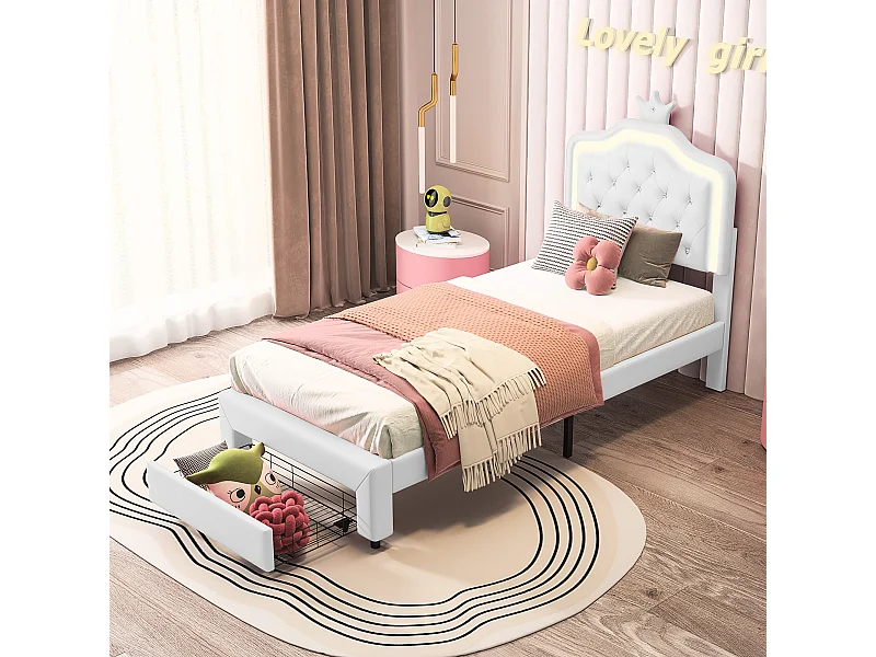 Polsterbett 90 x 200 cm mit 1 Schublade und LED-Leuchten – Kronenmotiv – Lattenrost – Weiß