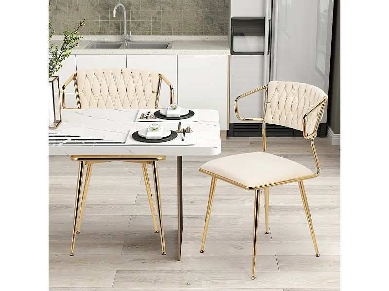Juego de 2 Sillas de Comedor, Silla Moderna con Reposabrazos y Pata Dorada, Silla de Restaurante y Comedor, Terciopelo, Beige
