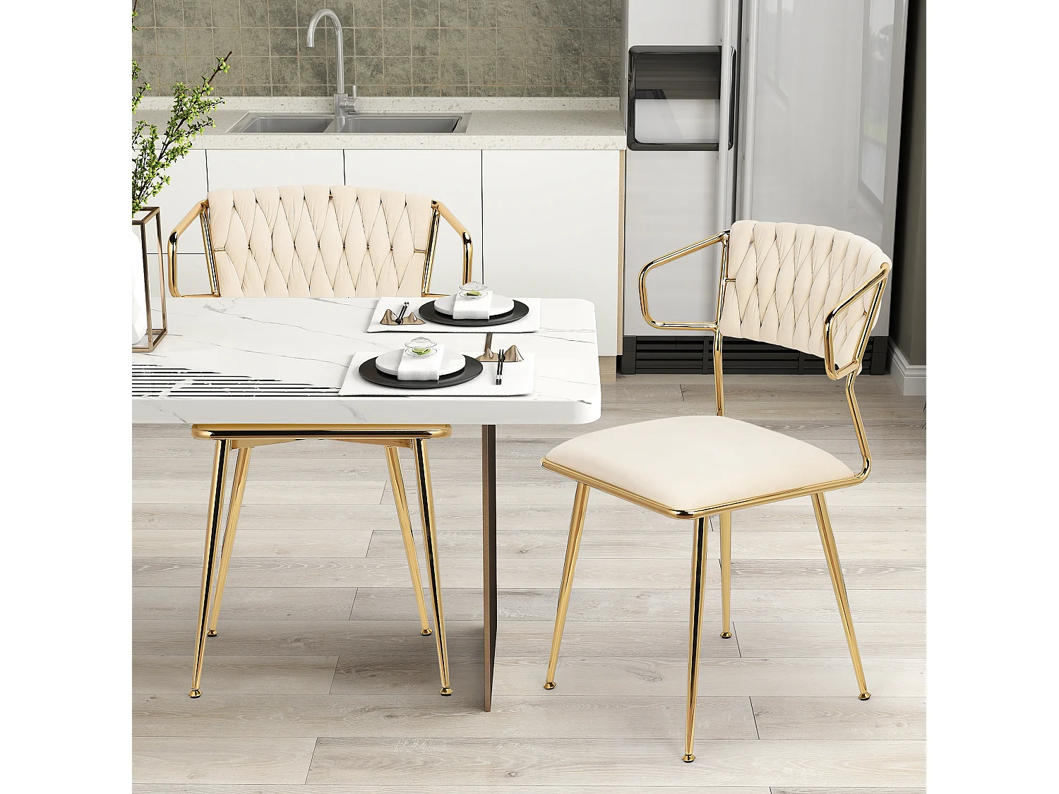 Juego de 2 Sillas de Comedor, Silla Moderna con Reposabrazos y Pata Dorada, Silla de Restaurante y Comedor, Terciopelo, Beige