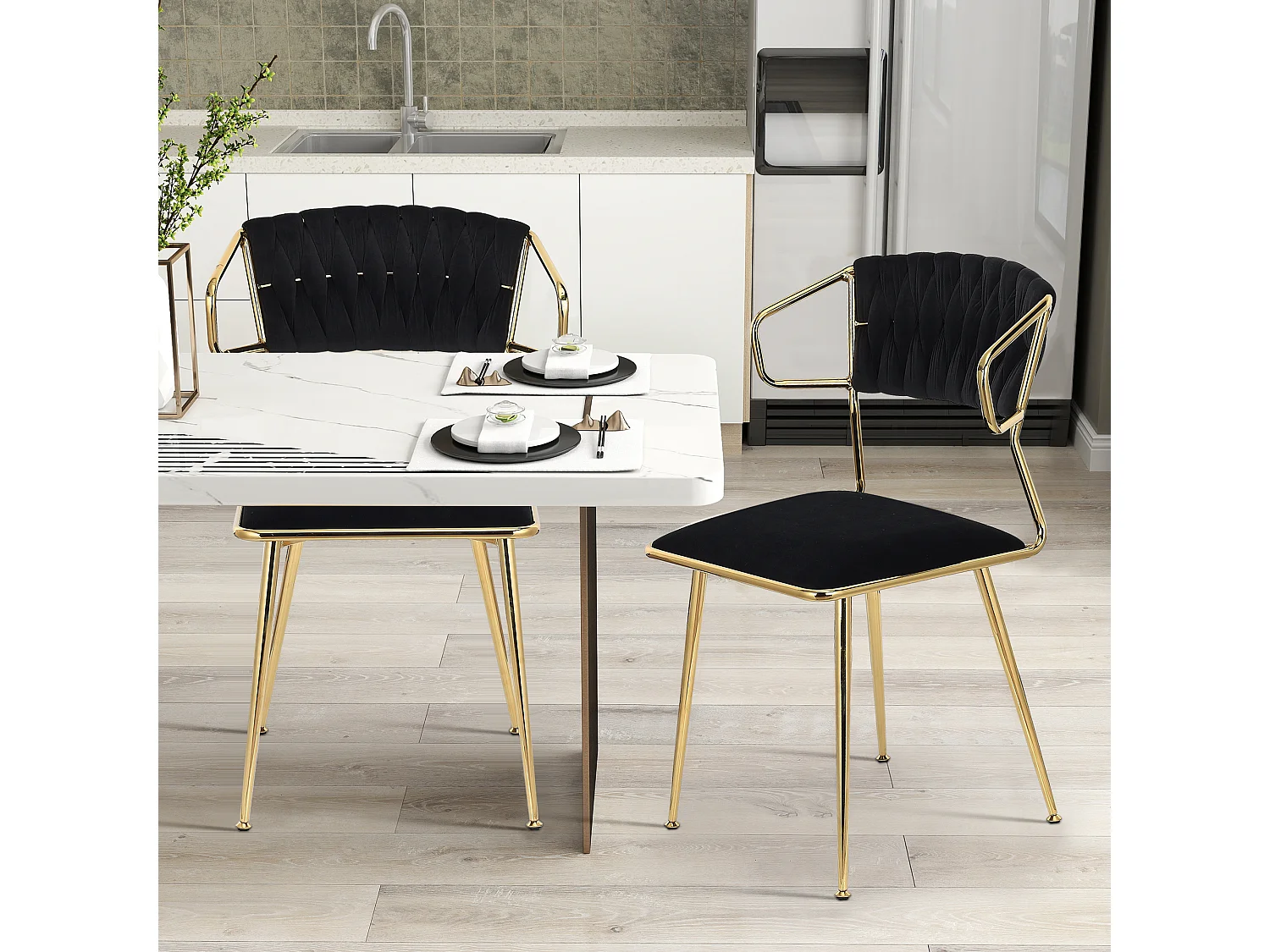 Juego de 2 Sillas de Comedor, Silla Moderna con Apoyabrazos y Pata Dorada, Silla de Cocina para Restaurante y Comedor, Terciopelo (Negro)