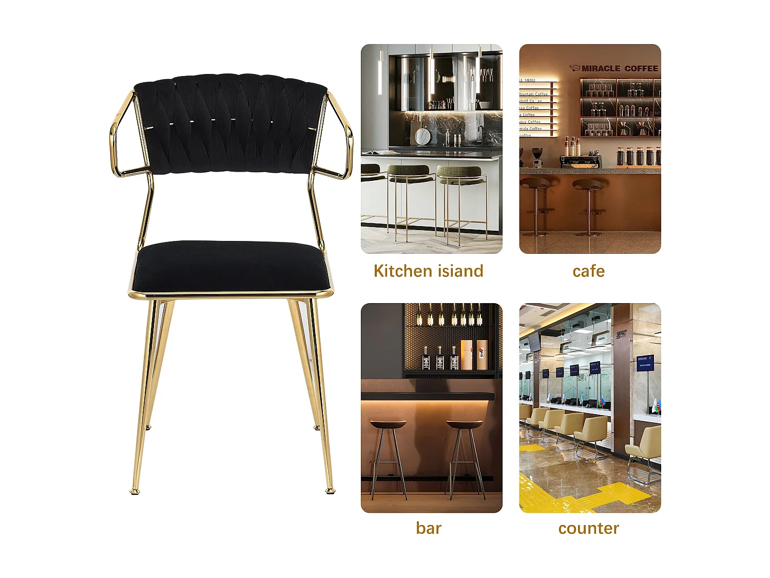 Juego de 2 Sillas de Comedor, Silla Moderna con Apoyabrazos y Pata Dorada, Silla de Cocina para Restaurante y Comedor, Terciopelo (Negro)