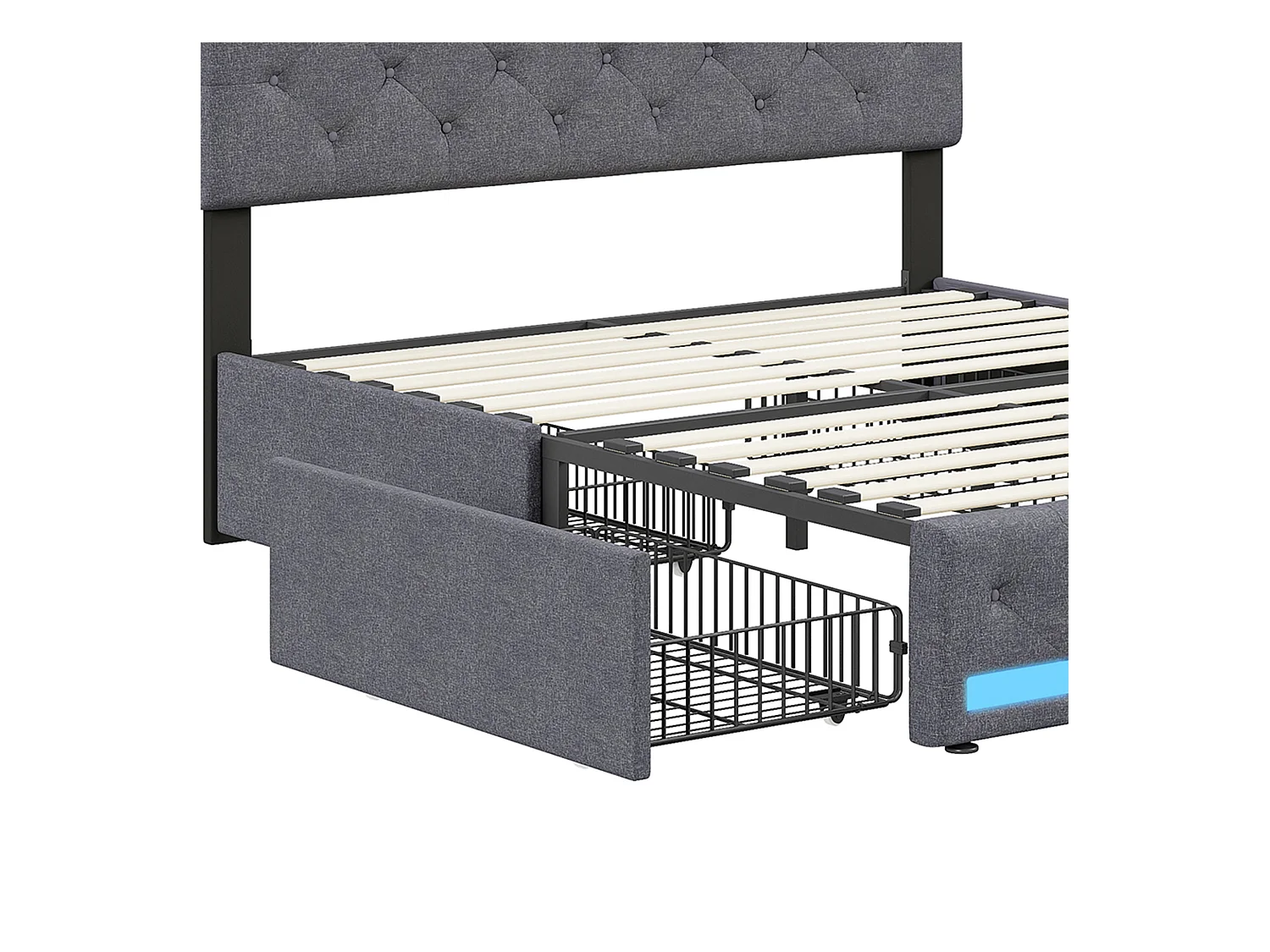 Doppelbett mit Leinenbezug, 4 Schubladen und LED-Licht – 180 x 200 cm – Lattenrost mit höhenverstellbarem Kopfteil – Grau