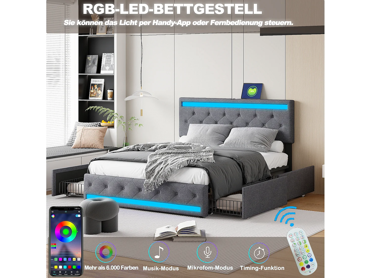 Doppelbett mit Leinenbezug, 4 Schubladen und LED-Licht – 180 x 200 cm – Lattenrost mit höhenverstellbarem Kopfteil – Grau