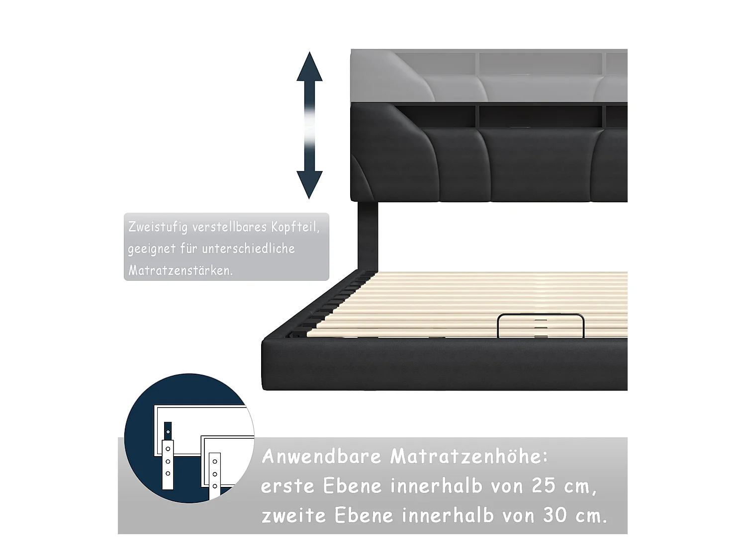 Cama doble tapizada 160x200cm - con USB y luz LED - Marco de cama con cabecero y caja de almacenaje para cama, en PU- Gris