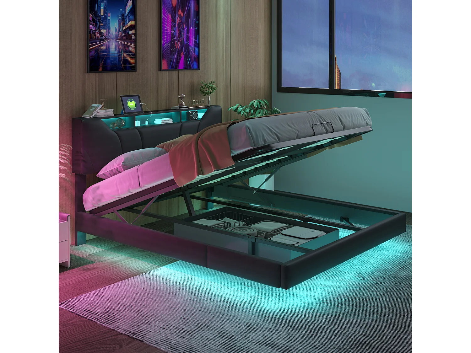 Cama doble tapizada 160x200cm - con USB y luz LED - Marco de cama con cabecero y caja de almacenaje para cama, en PU- Gris