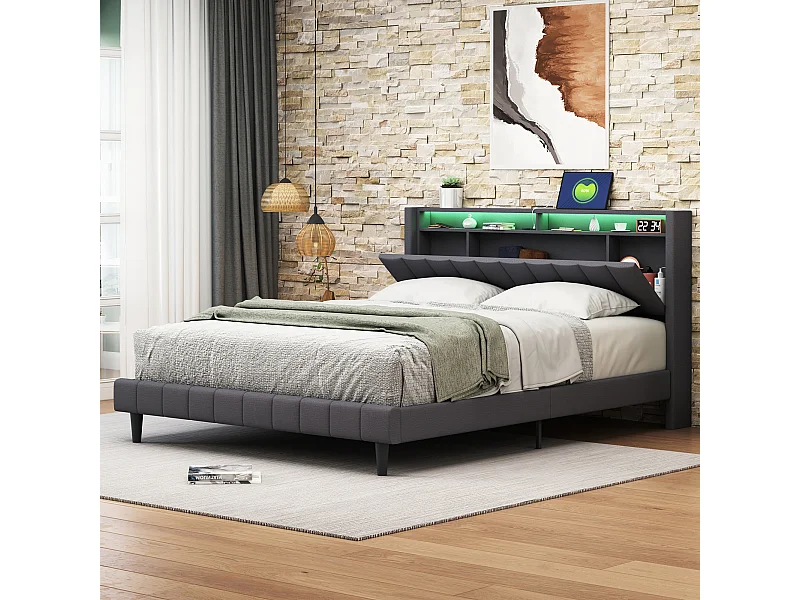 Cama de matrimonio tapizada en lino con USB y luz LED - 160x200cm - Somier con almacenaje en cabecero y somier de láminas - Gris