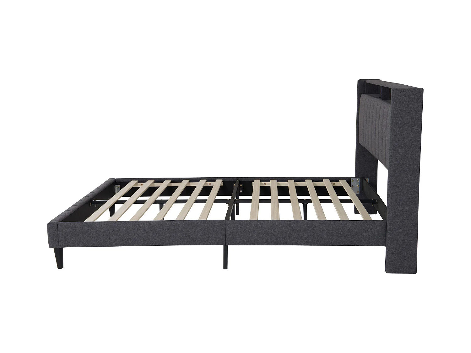 Mit Leinen gepolstertes Doppelbett mit USB- und LED-Licht – 160 x 200 cm – Lattenrost mit Stauraum im Kopfteil und Lattenrost – Grau