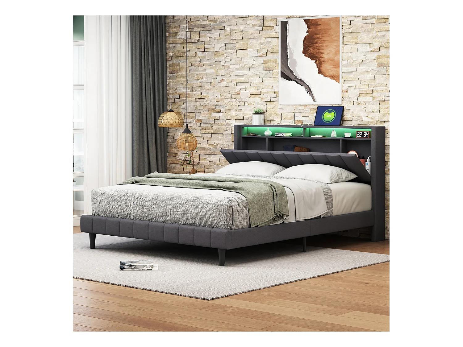 Cama de matrimonio tapizada en lino con USB y luz LED - 160x200cm - Somier con almacenaje en cabecero y somier de láminas - Gris