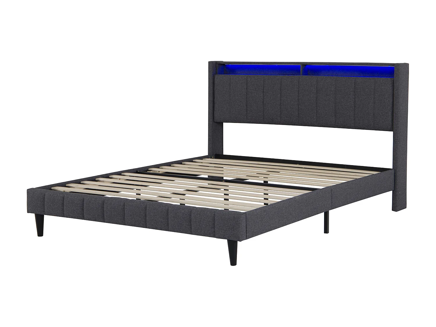 Mit Leinen gepolstertes Doppelbett mit USB- und LED-Licht – 160 x 200 cm – Lattenrost mit Stauraum im Kopfteil und Lattenrost – Grau