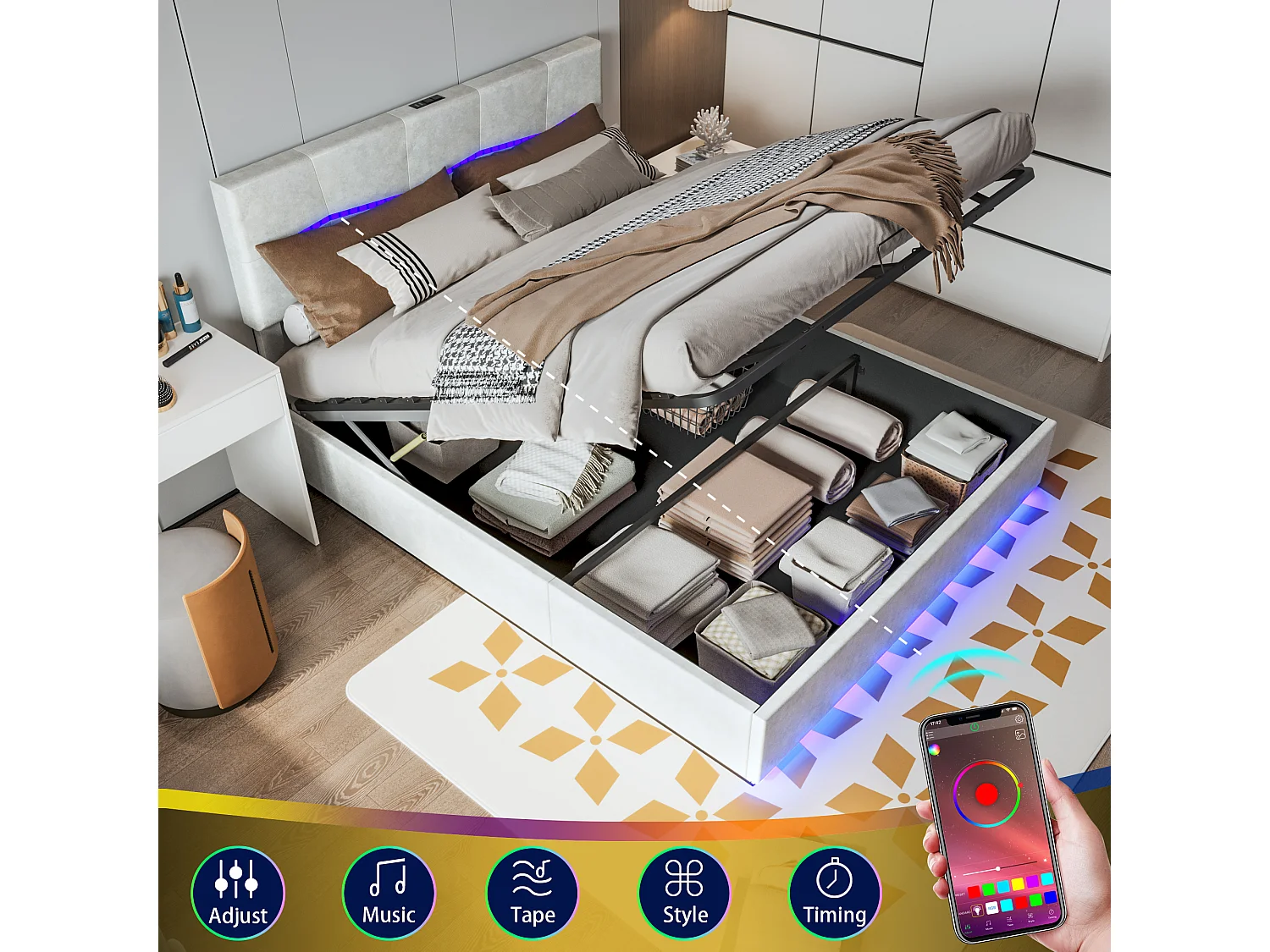 Truhenbett 160 x 200 cm mit LED-Beleuchtung und USB-Aufladung – hydraulisch – Doppelbett – PU – Beige