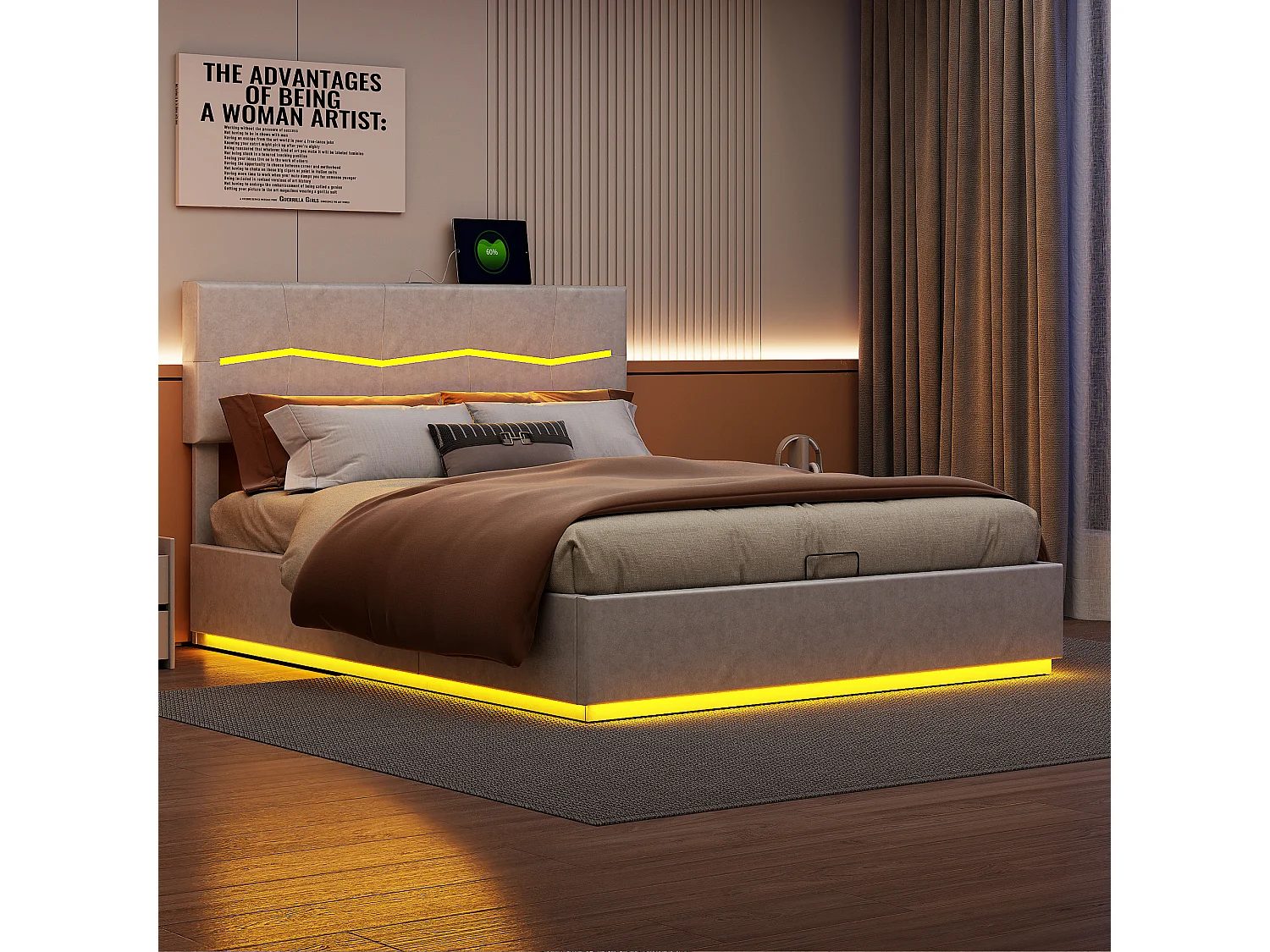 Truhenbett 160 x 200 cm mit LED-Beleuchtung und USB-Aufladung – hydraulisch – Doppelbett – PU – Beige