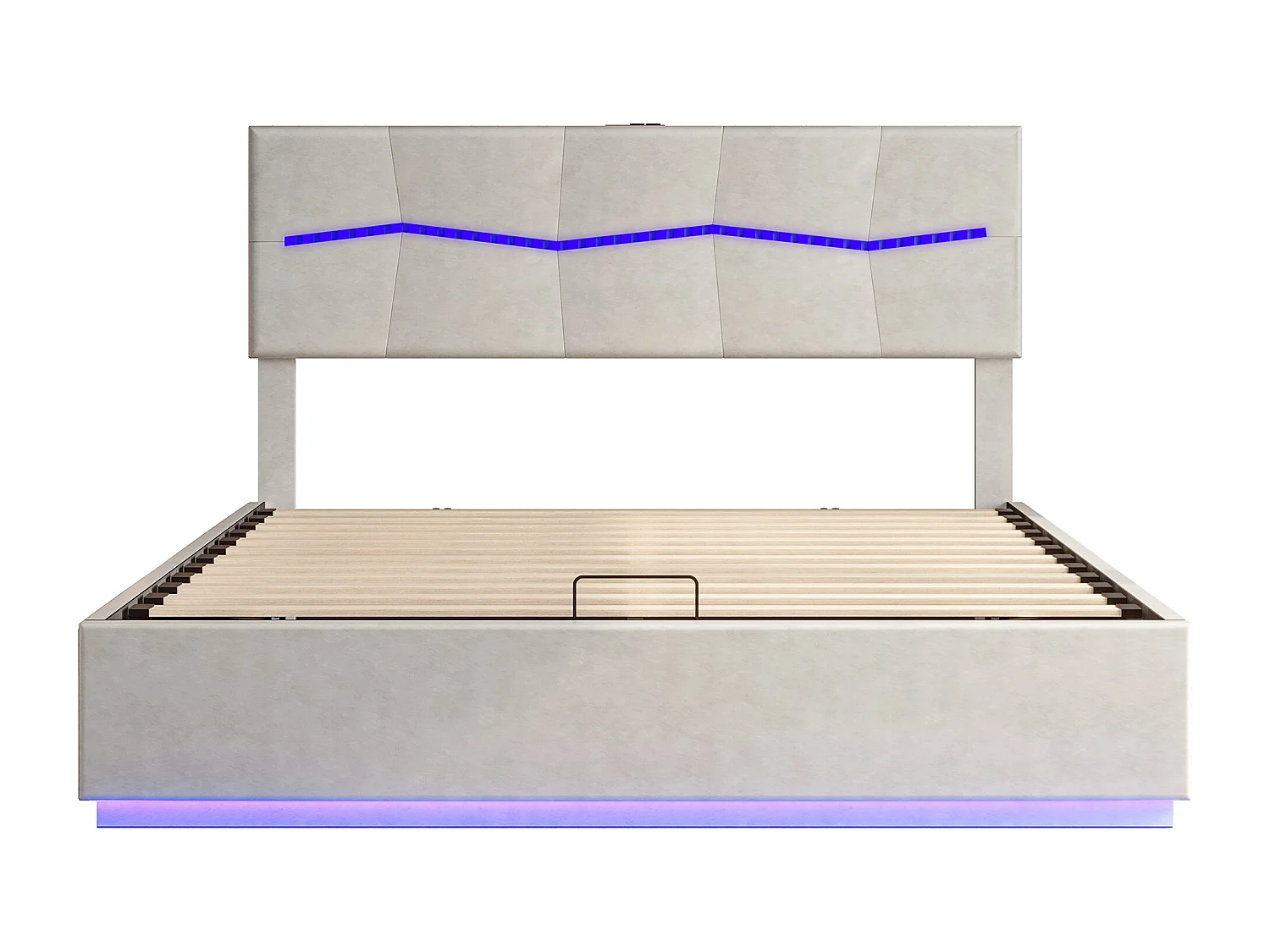 Cama arcón 160 x 200 cm con iluminación LED y carga USB - hidráulica - Cama doble - PU - Beige
