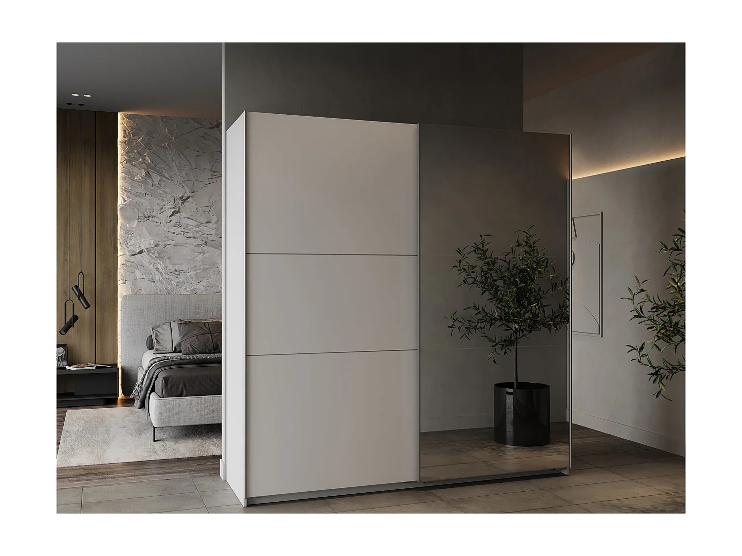 Armoire 2 portes coulissantes et miroir Ghost - L194,5 cm