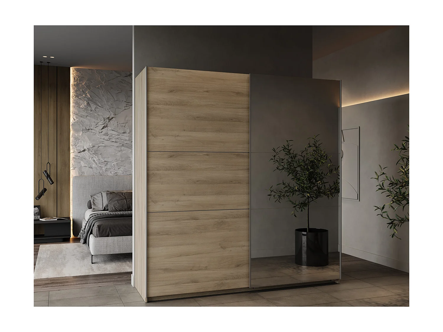 Kast met 2 schuifdeuren en spiegel Ghost - L194,5 cm