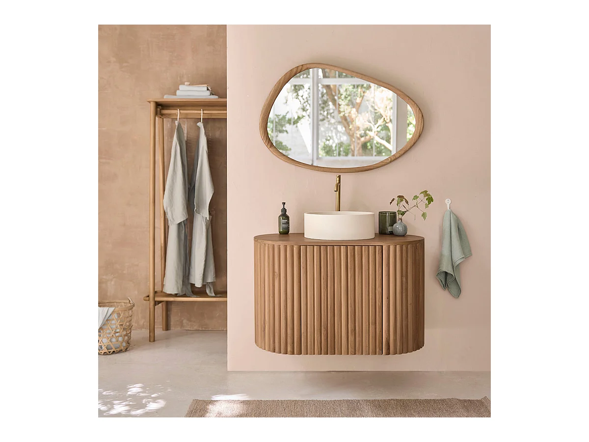 Meuble de salle de bain suspendu en teck massif 90 cm