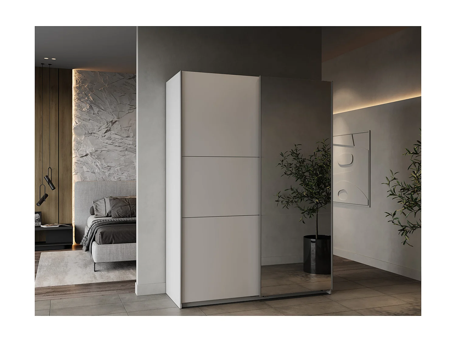 Armoire 2 portes coulissantes et miroir Ghost - L148 cm