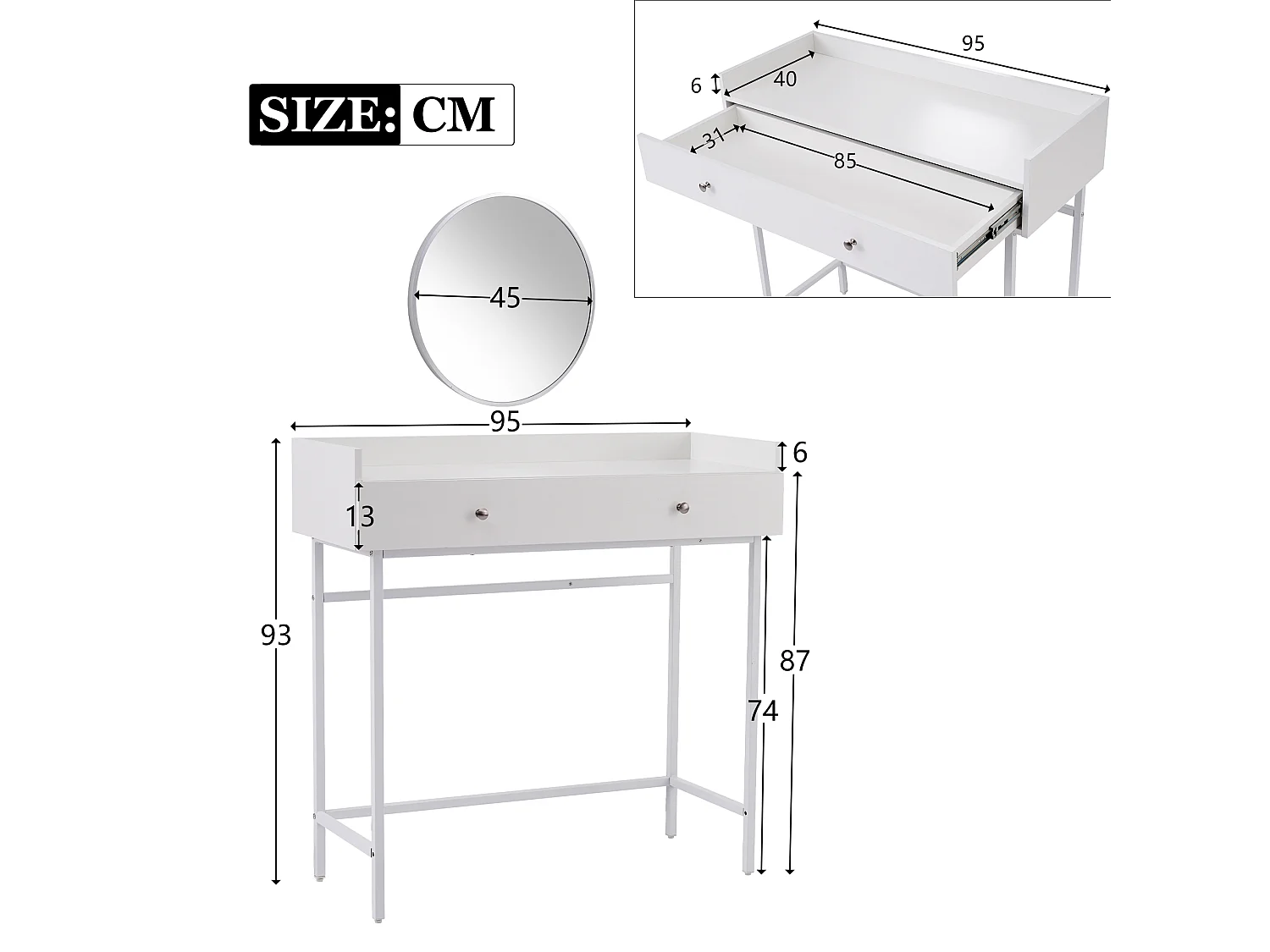 Tocador, espejo y 1 cajón, 95 x 40 x 93 cm, tocador, cómoda, blanco