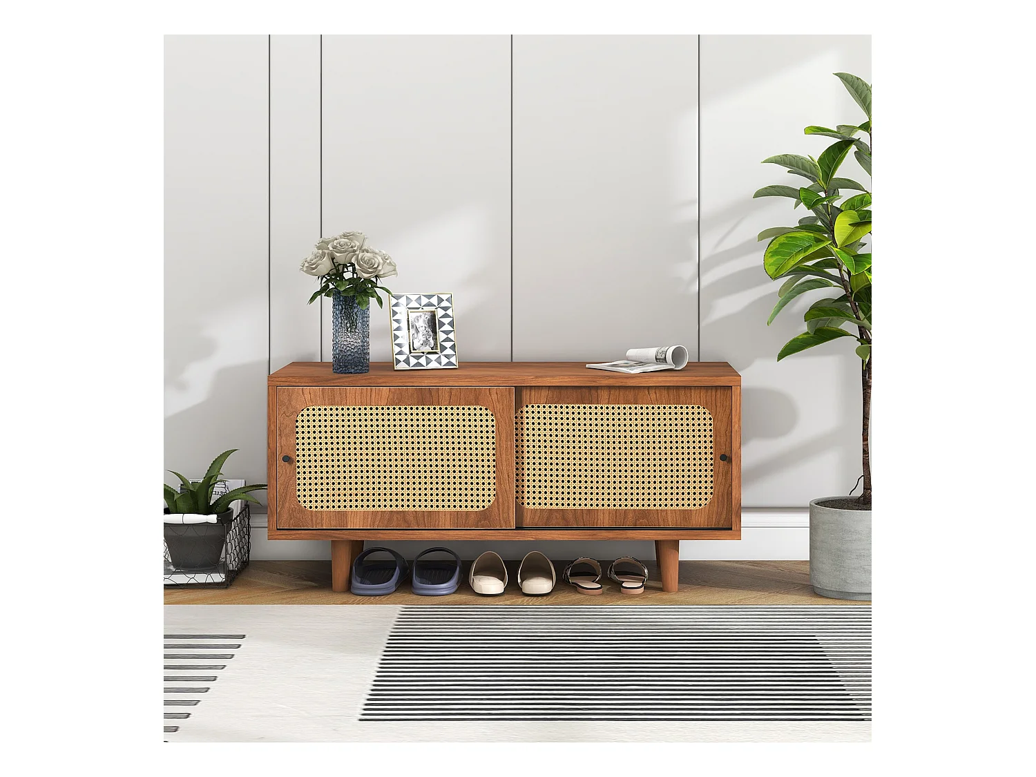 Meuble à chaussures en rotin avec étagères réglables, noyer, 104*40*48 cm