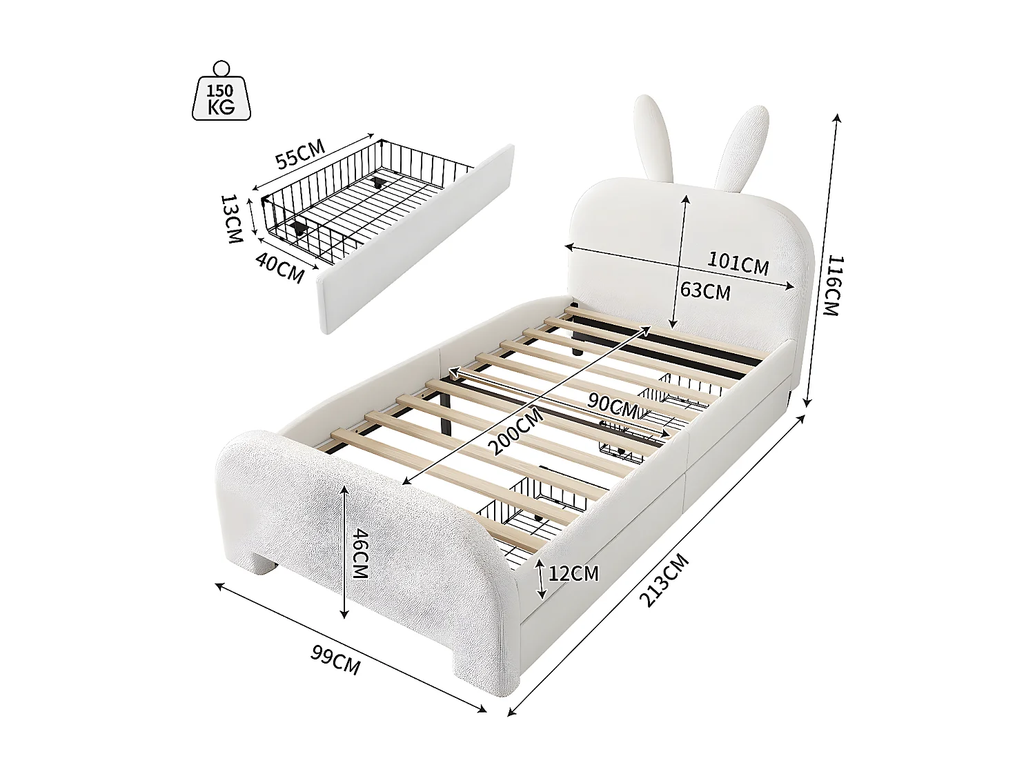 90*200cm Flaches Bett, gepolstert, Schafwolle resistent, Cartoon Kaninchenform, zwei Schubladen,Weiß