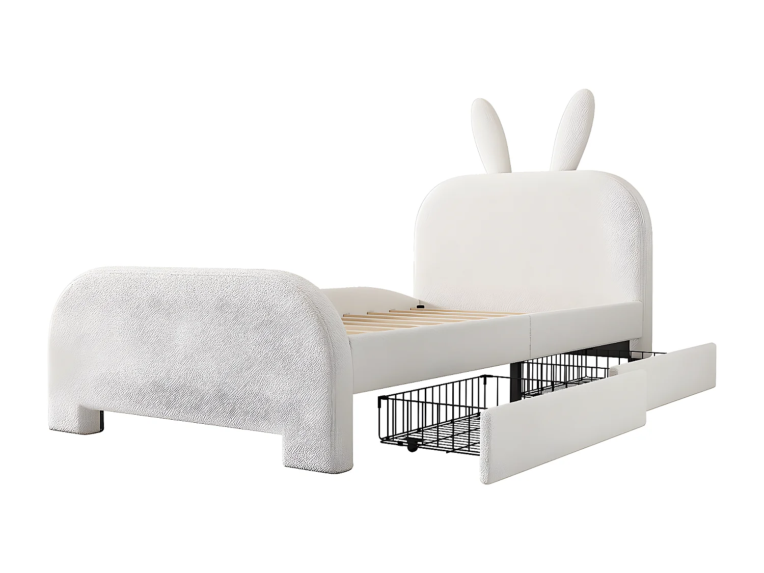 90*200cm Flaches Bett, gepolstert, Schafwolle resistent, Cartoon Kaninchenform, zwei Schubladen,Weiß