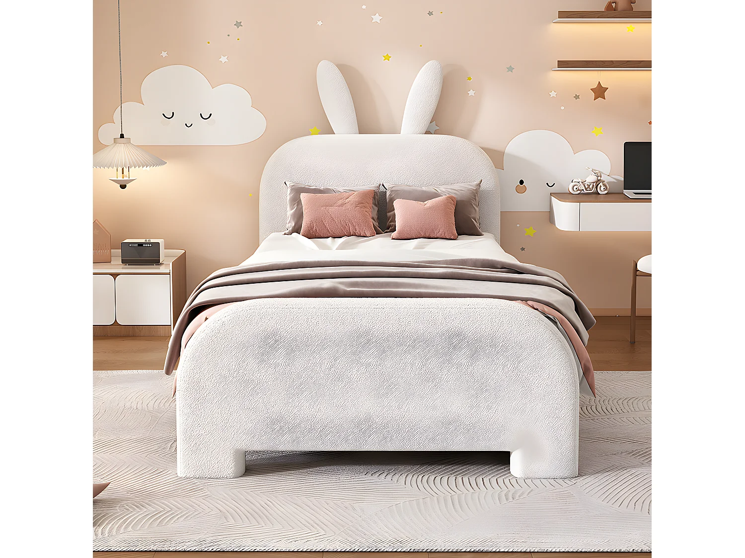 90*200cm Flaches Bett, gepolstert, Schafwolle resistent, Cartoon Kaninchenform, zwei Schubladen,Weiß