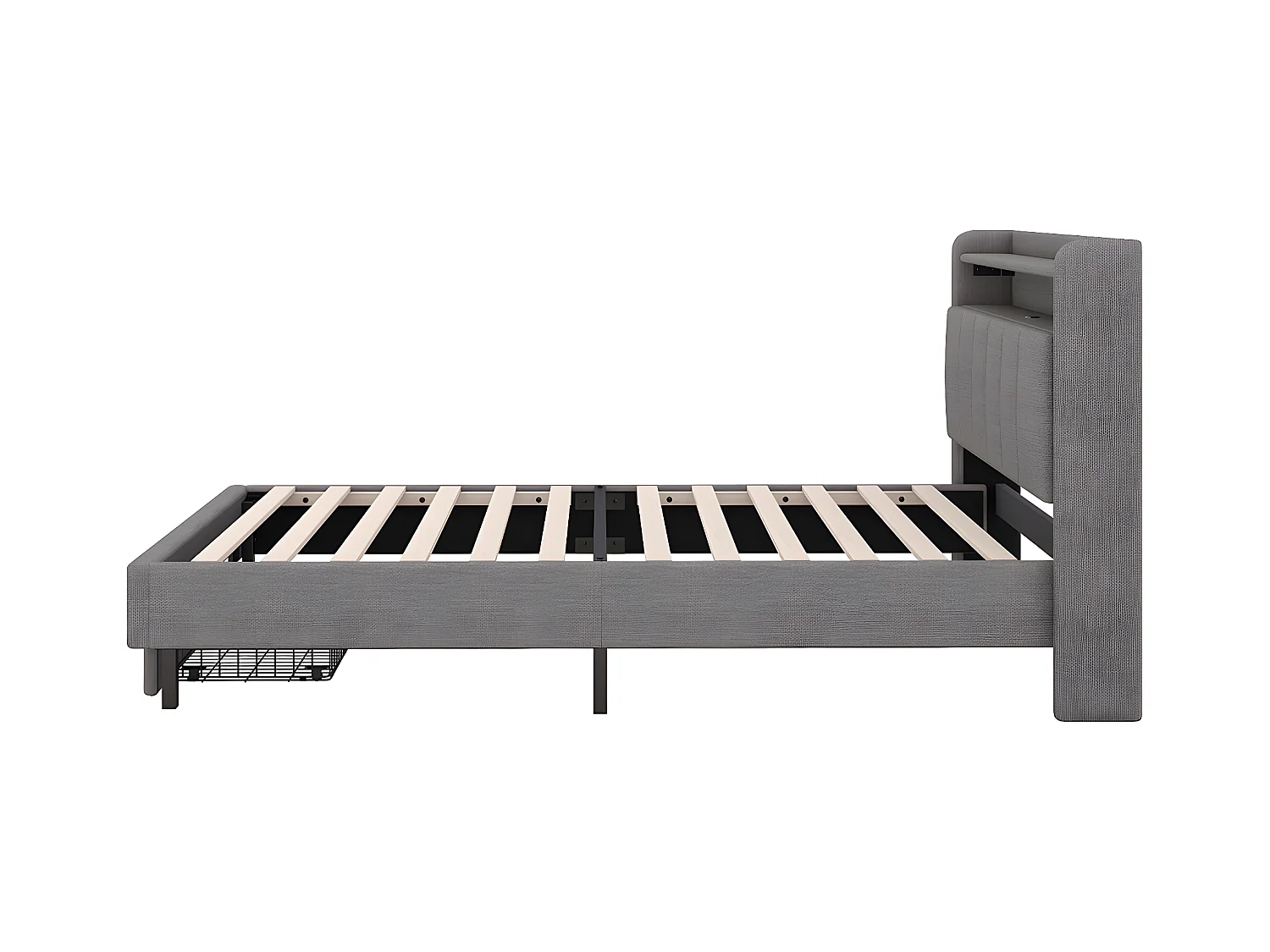 90 * 200cm lit plat avec intérieur, lumière chauffante LED, prise USB, boîte de rangement intégrée, tiroir de lit, gris