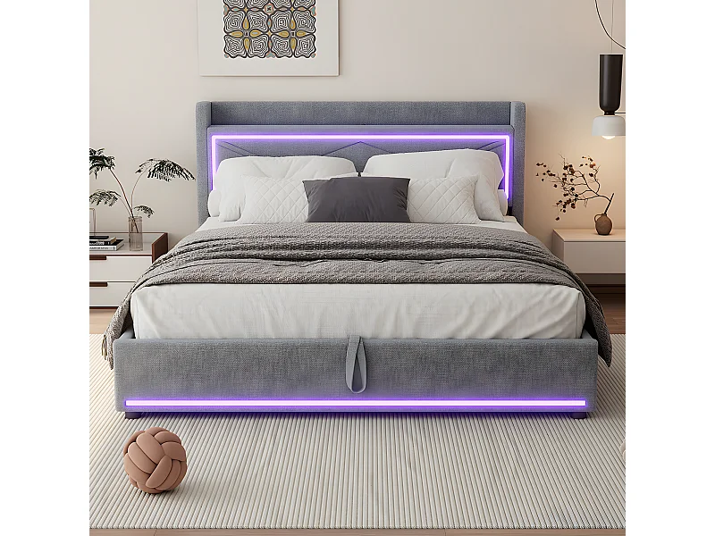 Cama plana para adultos 160 * 200cm, luz ambiental, la cama se puede mover hacia arriba y hacia abajo, puerto usb para conectar el cabecero, gris