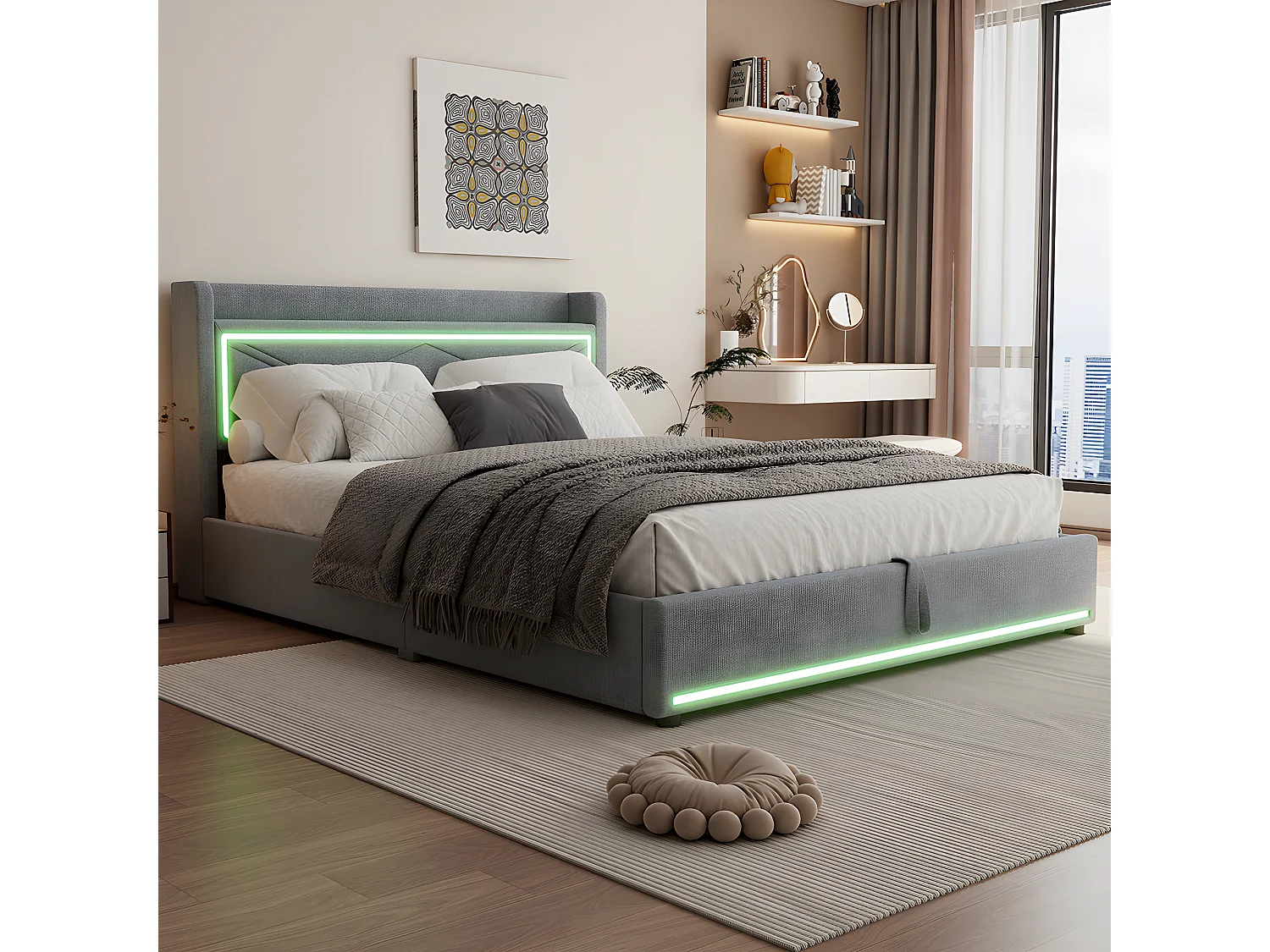 Cama plana para adultos 160 * 200cm, luz ambiental, la cama se puede mover hacia arriba y hacia abajo, puerto usb para conectar el cabecero, gris