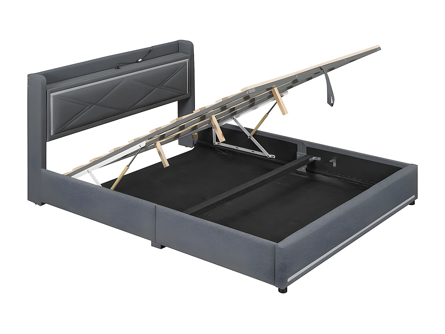 Cama plana para adultos 160 * 200cm, luz ambiental, la cama se puede mover hacia arriba y hacia abajo, puerto usb para conectar el cabecero, gris