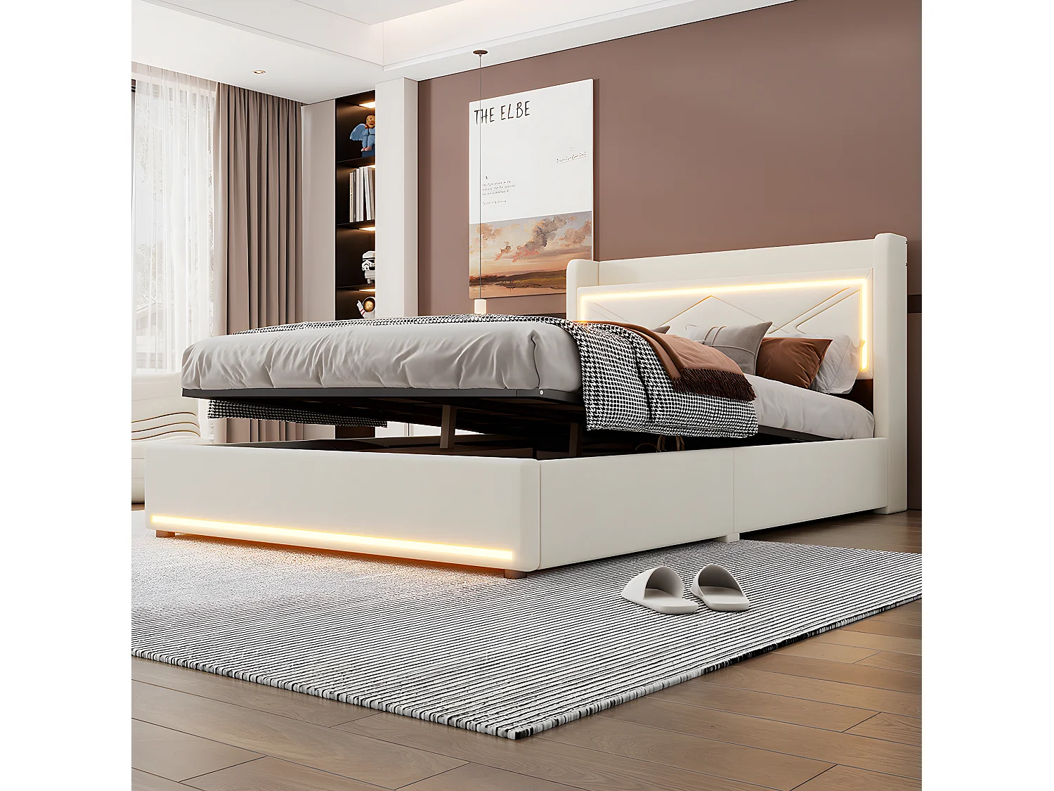 140*200 cm Letto piano per adulti, con luce ambiente, letto sollevabile e abbassabile, porta USB alla testa del letto, beige