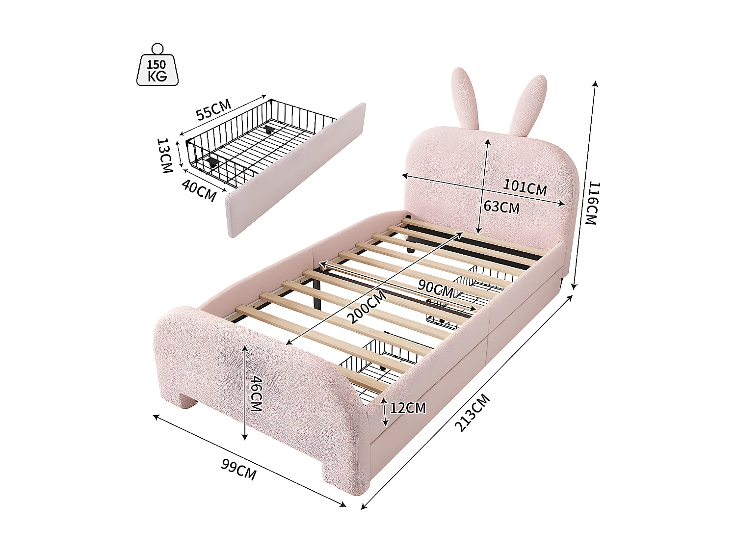 90*200cm Flaches Bett, gepolstert, Schafwolle resistent, Cartoon Kaninchenform, zwei Schubladen, rosa