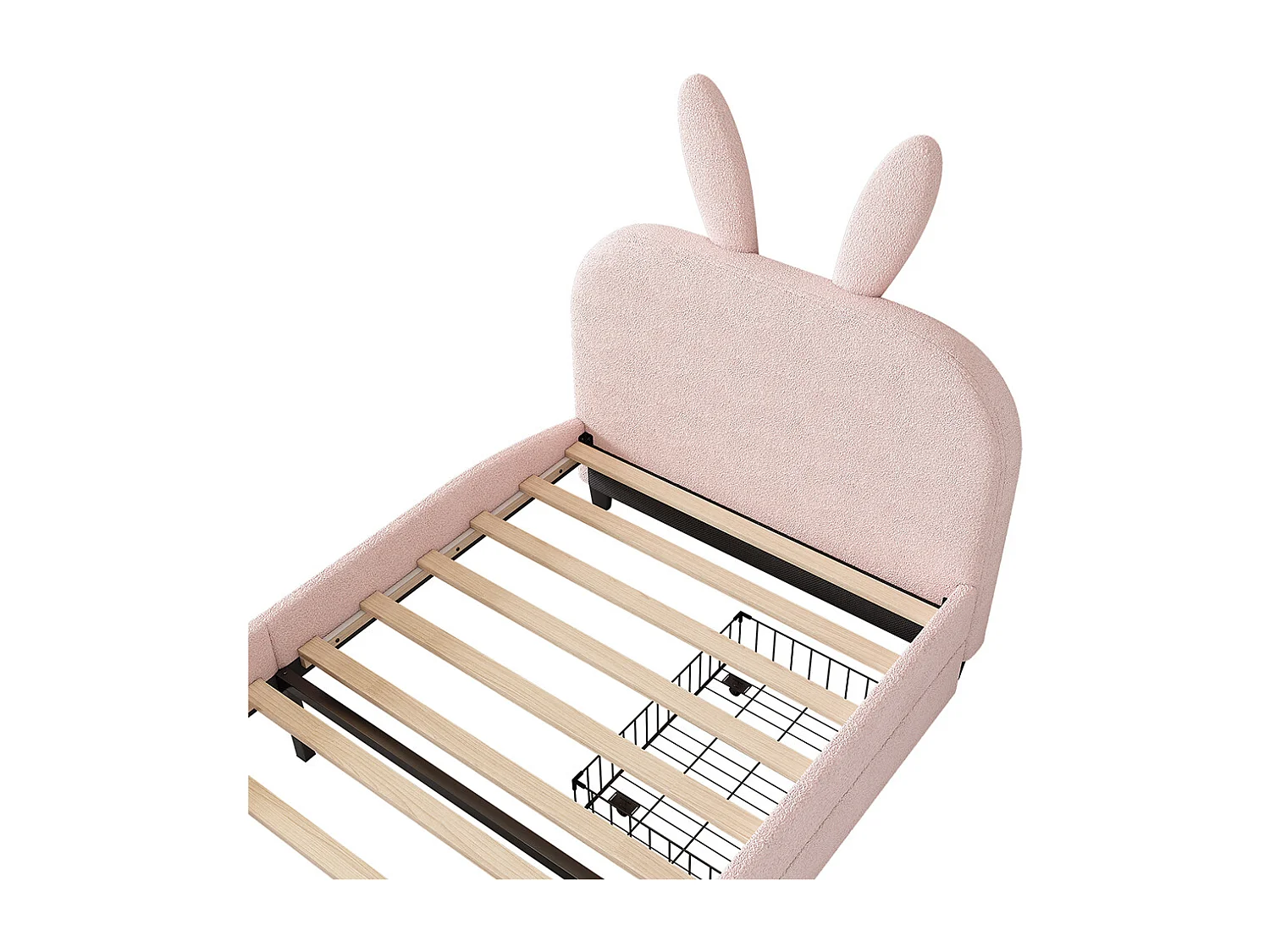 90*200cm Flaches Bett, gepolstert, Schafwolle resistent, Cartoon Kaninchenform, zwei Schubladen, rosa