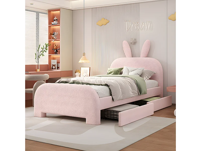 90 * 200cm cama plana, tapizado, resistente a la lana, dibujos animados conejo, dos cajones, rosa