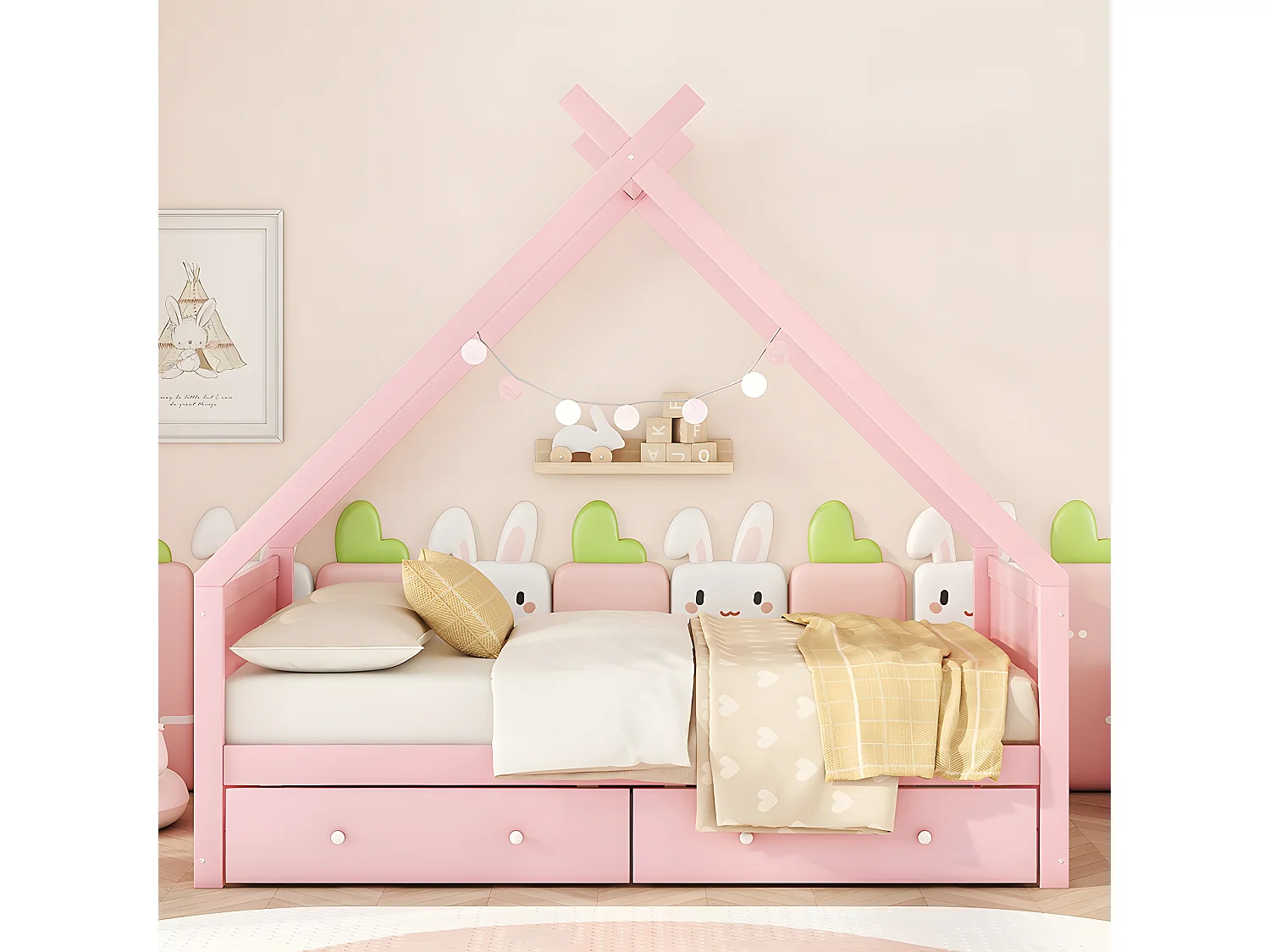 Lit d'enfant 90 * 200cm, lit plat, rebord de fenêtre de la maison, deux compartiments, Design minimaliste, rose