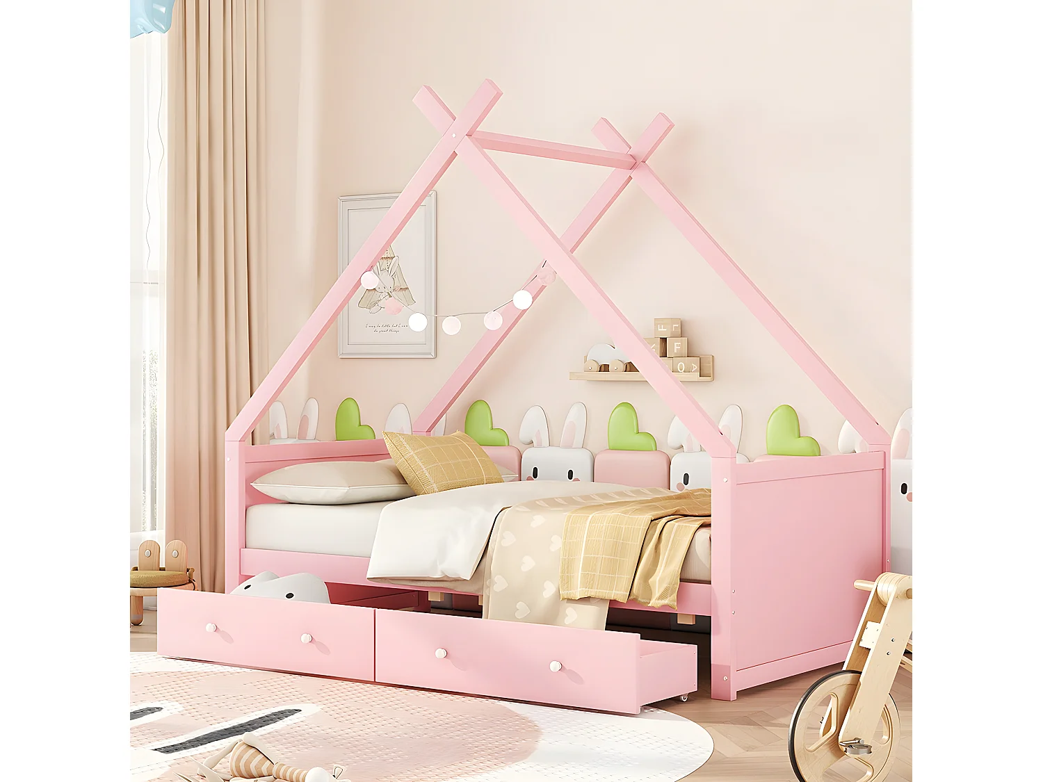 Lit d'enfant 90 * 200cm, lit plat, rebord de fenêtre de la maison, deux compartiments, Design minimaliste, rose