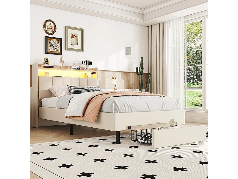 90 * 200cm lit plat, lit rembourré, lampe de chauffage LED, prise USB, tête de lit pliante, boîte de rangement intégrée, boîte de lit, beige