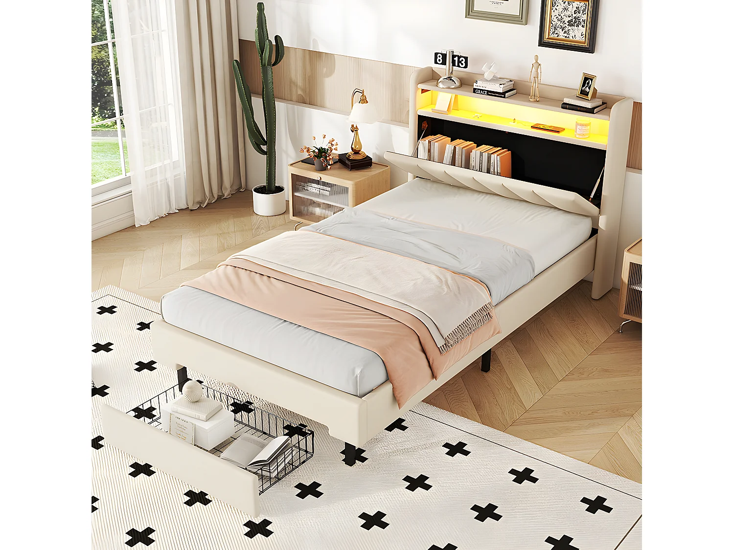 90 * 200cm lit plat, lit rembourré, lampe de chauffage LED, prise USB, tête de lit pliante, boîte de rangement intégrée, boîte de lit, beige