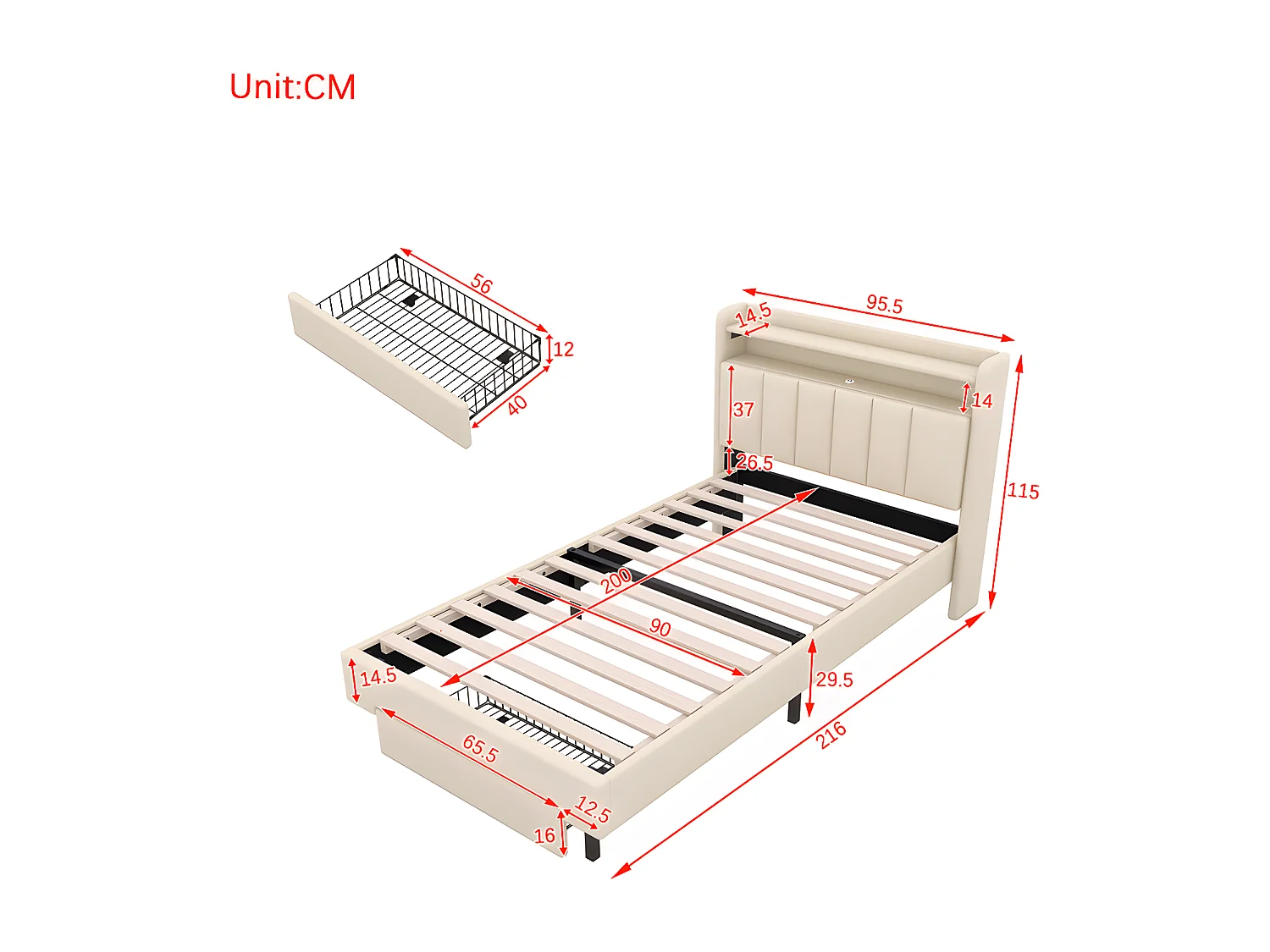90 * 200cm lit plat, lit rembourré, lampe de chauffage LED, prise USB, tête de lit pliante, boîte de rangement intégrée, boîte de lit, beige