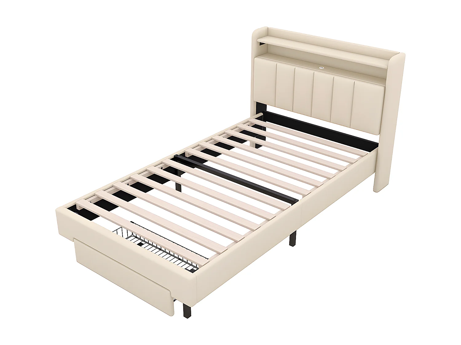 90 * 200cm lit plat, lit rembourré, lampe de chauffage LED, prise USB, tête de lit pliante, boîte de rangement intégrée, boîte de lit, beige